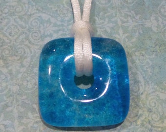 Turquoise Blue Square Pendant, Fused Glass Jewelry, Square Blue Fused Glass Pendant, Ready to Ship - Vibrant Blue - 4351 -1m