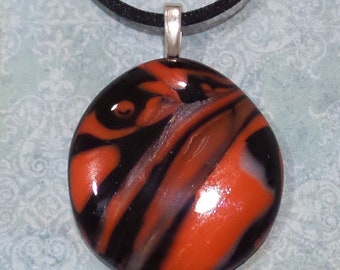 Orange and Black Pendant, Fused Glass Omega Slide, Autumn, Halloween, Orange Handmade Jewelry - Oriole Pride -20
