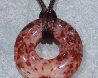 Cranberry and Cream Glass Donut, Fused Glass Pendant, Deep Red, Round Necklace, Fused Glass Jewelry - Rilee - 4425 -1