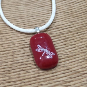 Dragonfly Necklace, Dark Red Pendant with White Dragonfly, Handcrafted, Fused Glass Jewelry, Ready to Ship Rubi 5 image 3