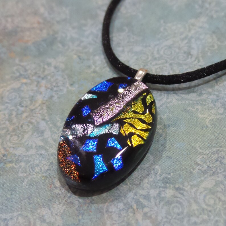 Dichroic Pendant, Oval Fused Glass Necklace, Royal Blue, Silver, Orange/Brown, Pink, Handmade Jewelry in Wisconsin Boss 9 image 3