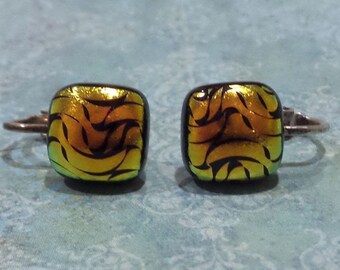 Golden Orange Clip On Earrings, Post Clip Ons, Orange Clip-on Jewelry, Handmade, Fused Glass Jewelry, Ready to Ship - Kelsey - 2172-5