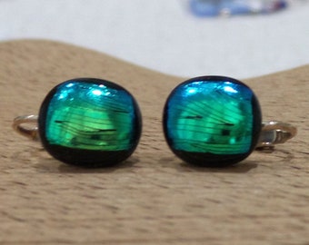 Green and Black Clip On Earrings, Thin Black Stripes, Clipon Jewelry, Christmas Earrings, Green Dichroic Fused Glass Jewelry - Janice - 8