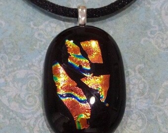 Orange Dichroic Necklace, Orange and Black Fused Glass Pendant, Handmade Jewelry, Halloween, Sparkly, Ready to Ship -Elise -8