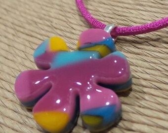 Flower Pendant, Colorful Fused Glass Jewelry, Handmade, Pink, Orange, Blue Flower, Gift for Daughter, Ready to Ship - May -8