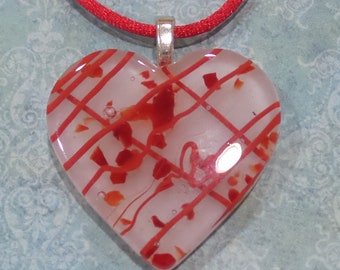 Heart Pendant, White and Red Heart, Fused Glass Pendant, Red and White Necklace, Gift for Wife, Couples Jewelry - Crazy For You - 3969 -1