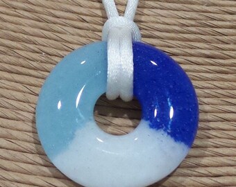 Royal Blue, Sky Blue, and White Necklace, Fused Glass Jewelry, Blue Circle Pendant, Ready to Ship  - Winnie- -5