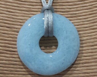 Pastel Blue Fused Glass Pendant, Round Necklace, Baby Blue Fused Glass Jewelry, Ready to Ship - Monroe -6