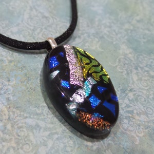Dichroic Pendant, Oval Fused Glass Necklace, Royal Blue, Silver, Orange/Brown, Pink, Handmade Jewelry in Wisconsin Boss 9 image 4