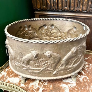 Vintage Castilian Monkey Large Brass Planter Jardiniere Pot with Lion Head Handles