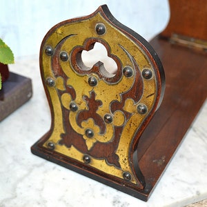 Antique English Book Shelf Carved Wood Mahogany Brass Folding Bookends Rest Trefoils Nailheads image 2