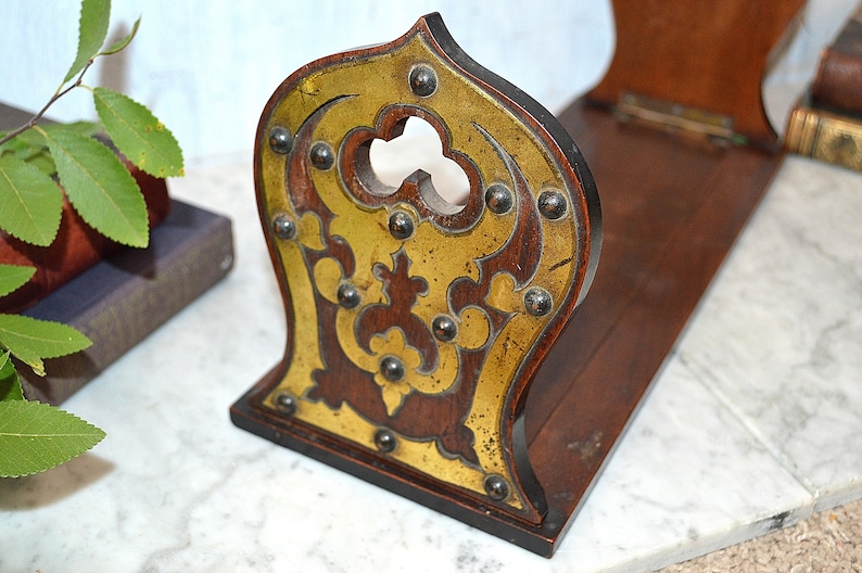 Antique English Book Shelf Carved Wood Mahogany Brass Folding Bookends Rest Trefoils Nailheads image 2