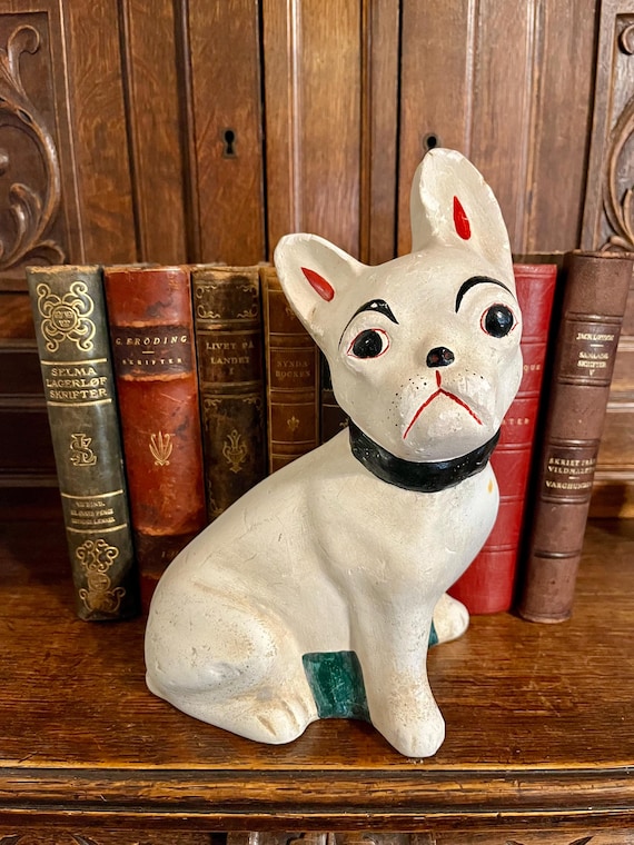 Vintage French Bulldog Hand Painted White Chalkware Plaster Dog