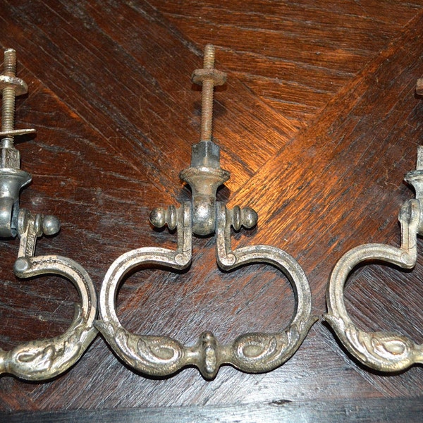 Antique Set of 3 French Heavy Silver Ornate Drawer Pulls Handles Hardware