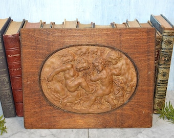 Antique German Relief Plaque Figural Cherubs Framed Wood Panel Artist Signed