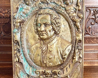 Antique French Philosopher JJ Rousseau Brass Wall Mount Relief Plaque Cherubs