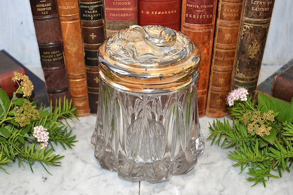 Antique Glass Brass Lid Tobacco Humidor Art Nouveau Apollo Silver Co.  Figural Pipe Lid