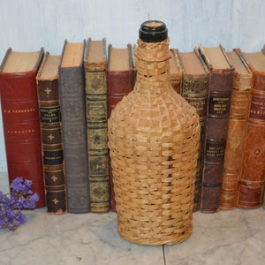 Antique Demijohn Wine Liquor Decanter Bottle Wicker Wrapped with Handle Green Glass