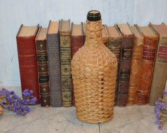 Antique Demijohn Wine Liquor Decanter Bottle Wicker Wrapped with Handle Green Glass