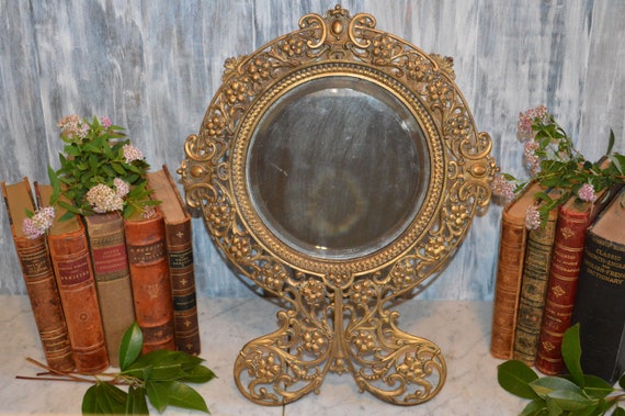 Antique Large Round Standing Easel Vanity Mirror With Fl Image 0