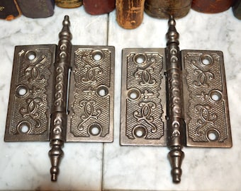 Antique Pair Cast Iron Ornate Door Hinges Hardware 3 1/2 x 3 1/2 Pewter Finish Fleur de Lis Steeple Top