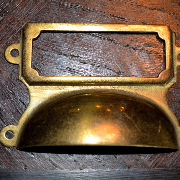 Latón antiguo boticario archivo cajón biblioteca Hardware del gabinete dedo Bin tire etiqueta portatarjetas