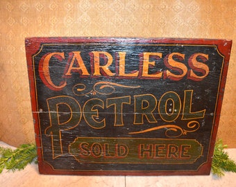 Rare Antique English Carless Petrol Sold Here Hand Painted Wood Petroleum Sign