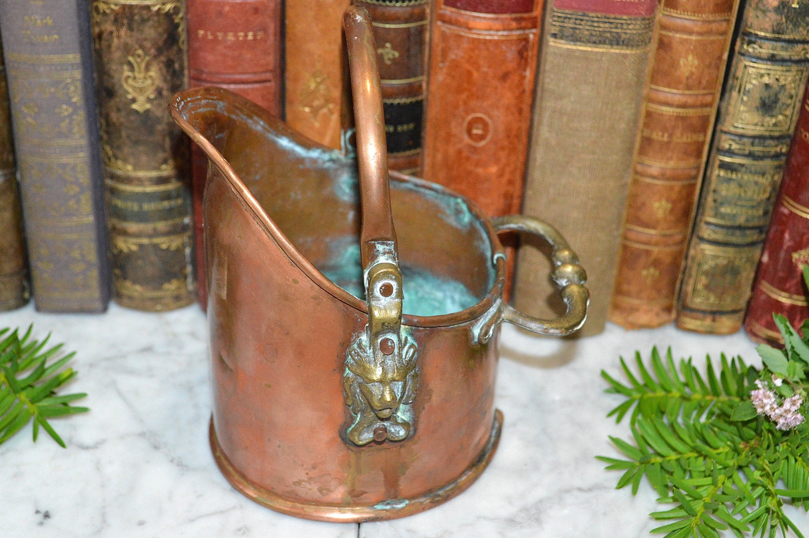 Antique Small Copper Bucket and Handle Brass Lion Mounts Etsy