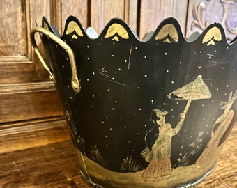 Vintage Chinoiserie Black Gold Painted Tole Planter Jardiniere