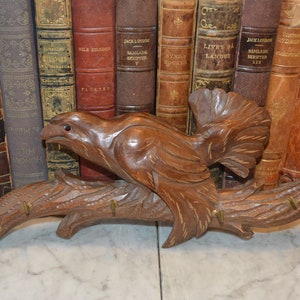 Antique German Wood Key Hooks Rack Carved Black Forest Bird