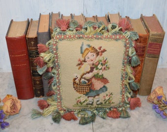 Vintage Small Needlepoint Custom Made Pillow Fringe Trim Girl Flowers