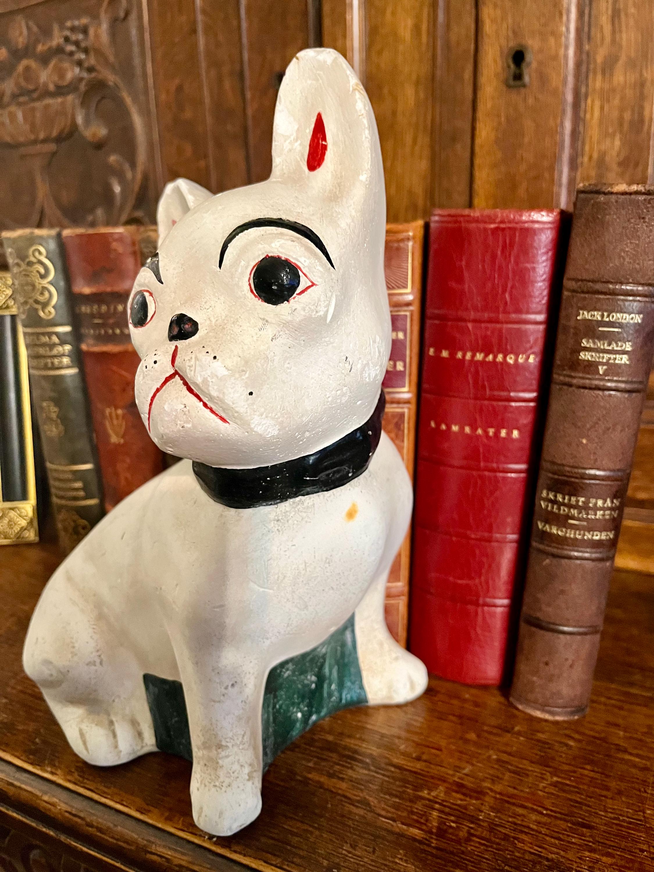 Vintage French Bulldog Hand Painted White Chalkware Plaster Dog