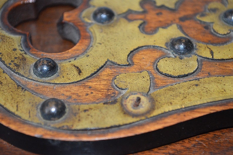 Antique English Book Shelf Carved Wood Mahogany Brass Folding Bookends Rest Trefoils Nailheads image 6