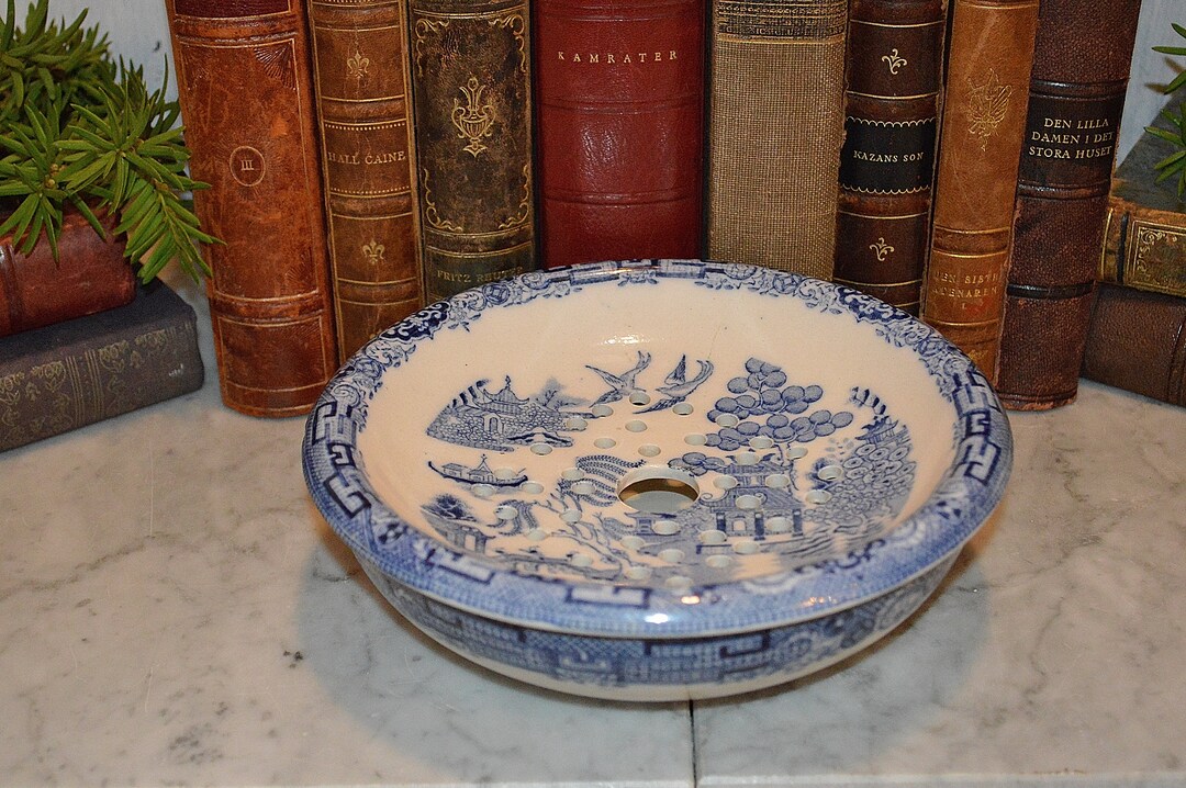Rare Antique Blue Willow Soap Dish Strainer Drain Bowl Porcelain Blue