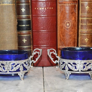 Antique Pair Italian Sterling 800 Silver Salt Cellars Figural Gargoyles Cobalt Blue Glass Liners