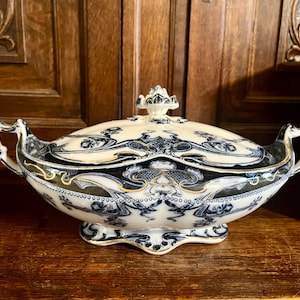 Antike Englisch Flow Blue Terrine Deckelschüssel Staffordshire Wilkinson Iris Royal Pottery Burslem