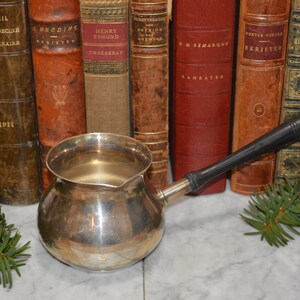 Op de afbeelding: Een zilveren koffiepot met een zwarte houten handvat. De pot staat op een marmeren oppervlak met een groene plant op de achtergrond.