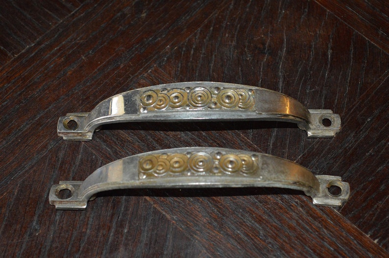Vintage Pair French Art Deco Silver Brass Handles Pulls Image 0