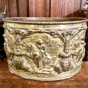 Antique French Jardiniere Brass Joan of Arc Scenes Crowns Crests Repousse Cache Pot Planter