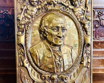 Antique French Philosopher Writer Voltaire Brass Wall Mount Relief Plaque Cherubs