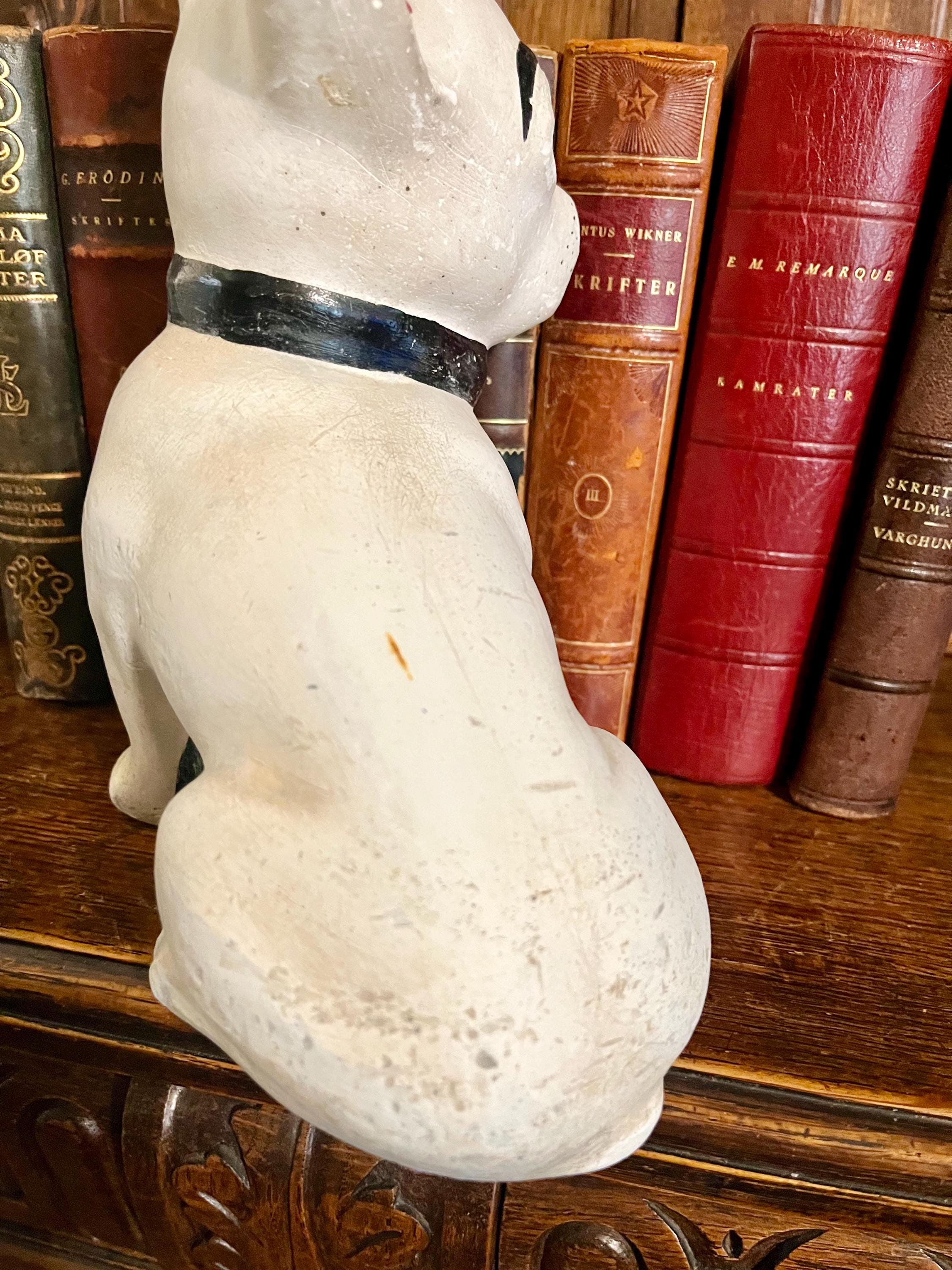 Vintage French Bulldog Hand Painted White Chalkware Plaster Dog