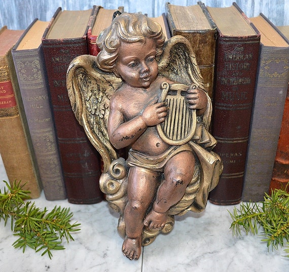 Vintage German Large Sculpted Wax Cherub Angel With Wings