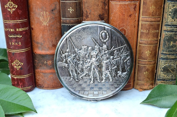 Antique Silverplate Compact Mirror Dutch Zilpla 90 Relief Battle Scene Design