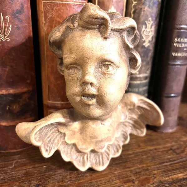 Antique German Carved Wood Cherub Angel Head with Wings Small Wood Cherub