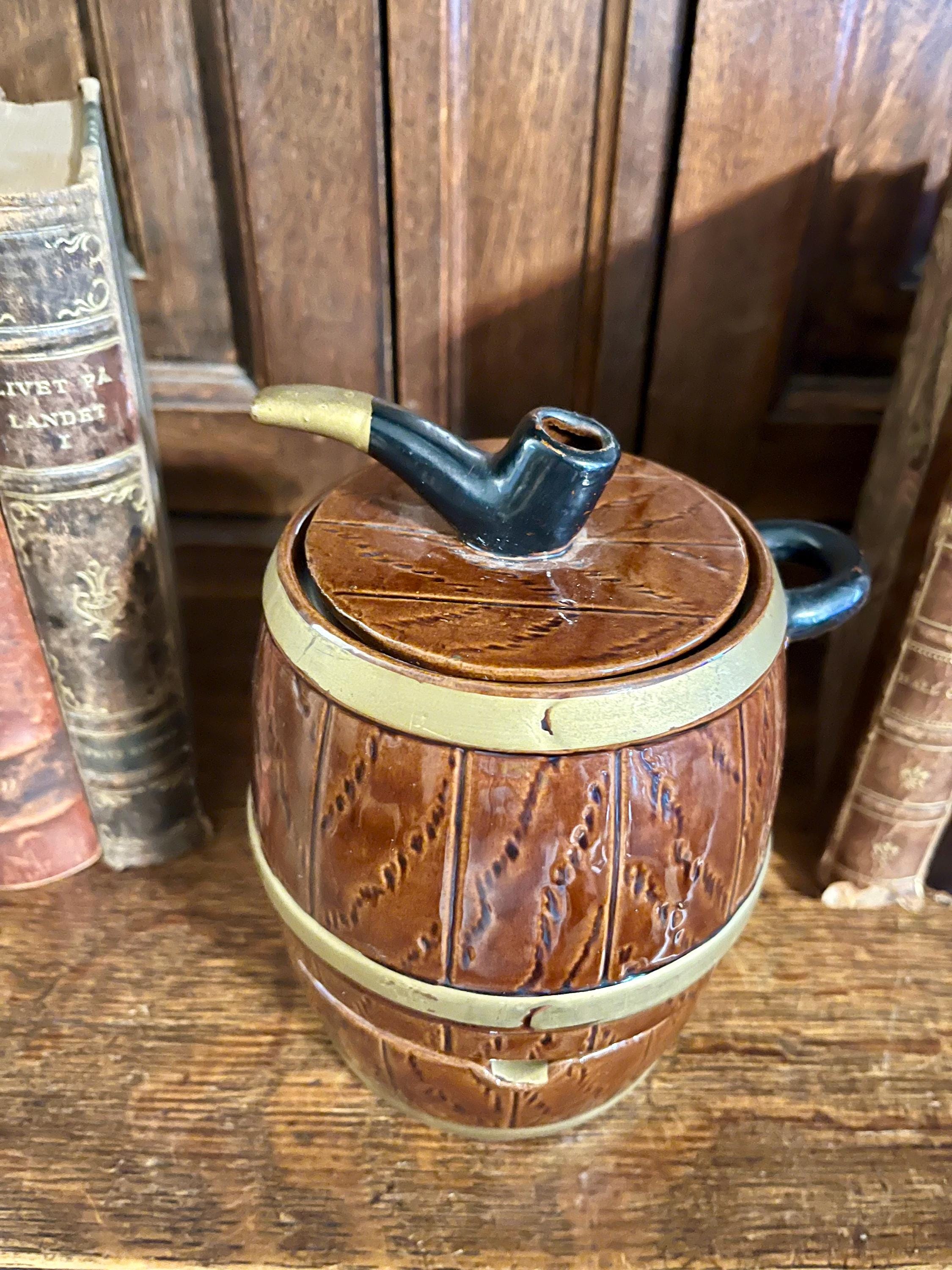 Vintage Tobacco Jar Barrel Ashtray Combination Figural Pipe Lid Faux Wood