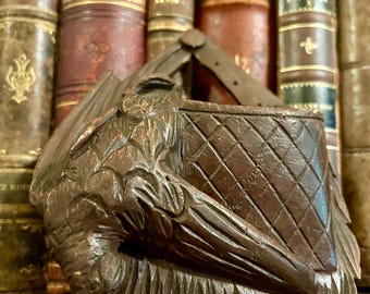 Antique Black Forest German Carved Wood Bird Hunt Bag Wall Pocket