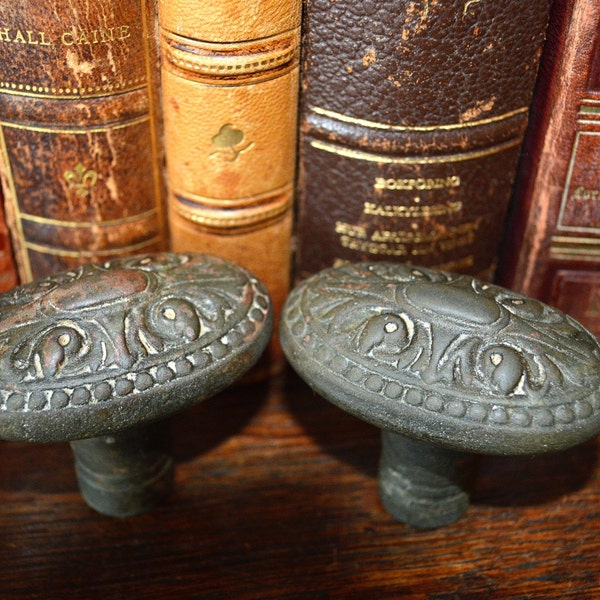 Antique Pair Oval French Patterned Cast Iron Door Handles Knobs Set Hardware Set Rustic French