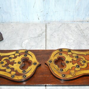 Antique English Book Shelf Carved Wood Mahogany Brass Folding Bookends Rest Trefoils Nailheads image 5