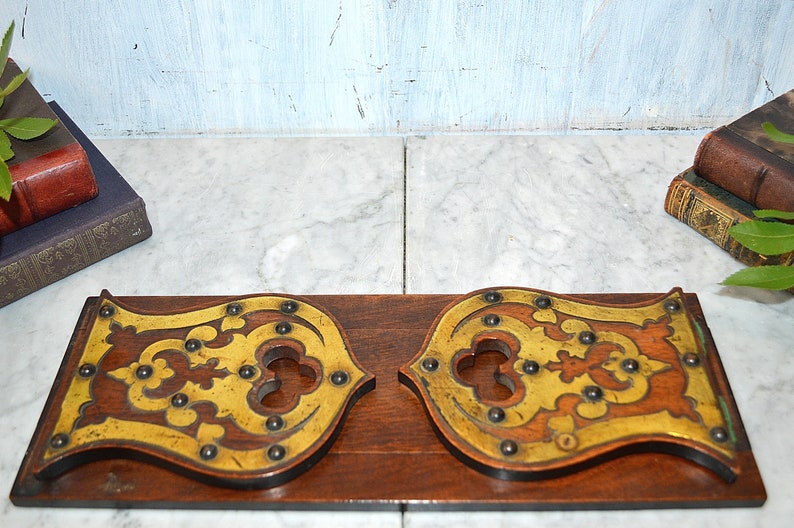 Antique English Book Shelf Carved Wood Mahogany Brass Folding Bookends Rest Trefoils Nailheads image 5