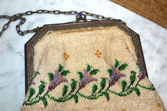 Antique Floral Micro Beaded Purse Silver Plated F… - image 6